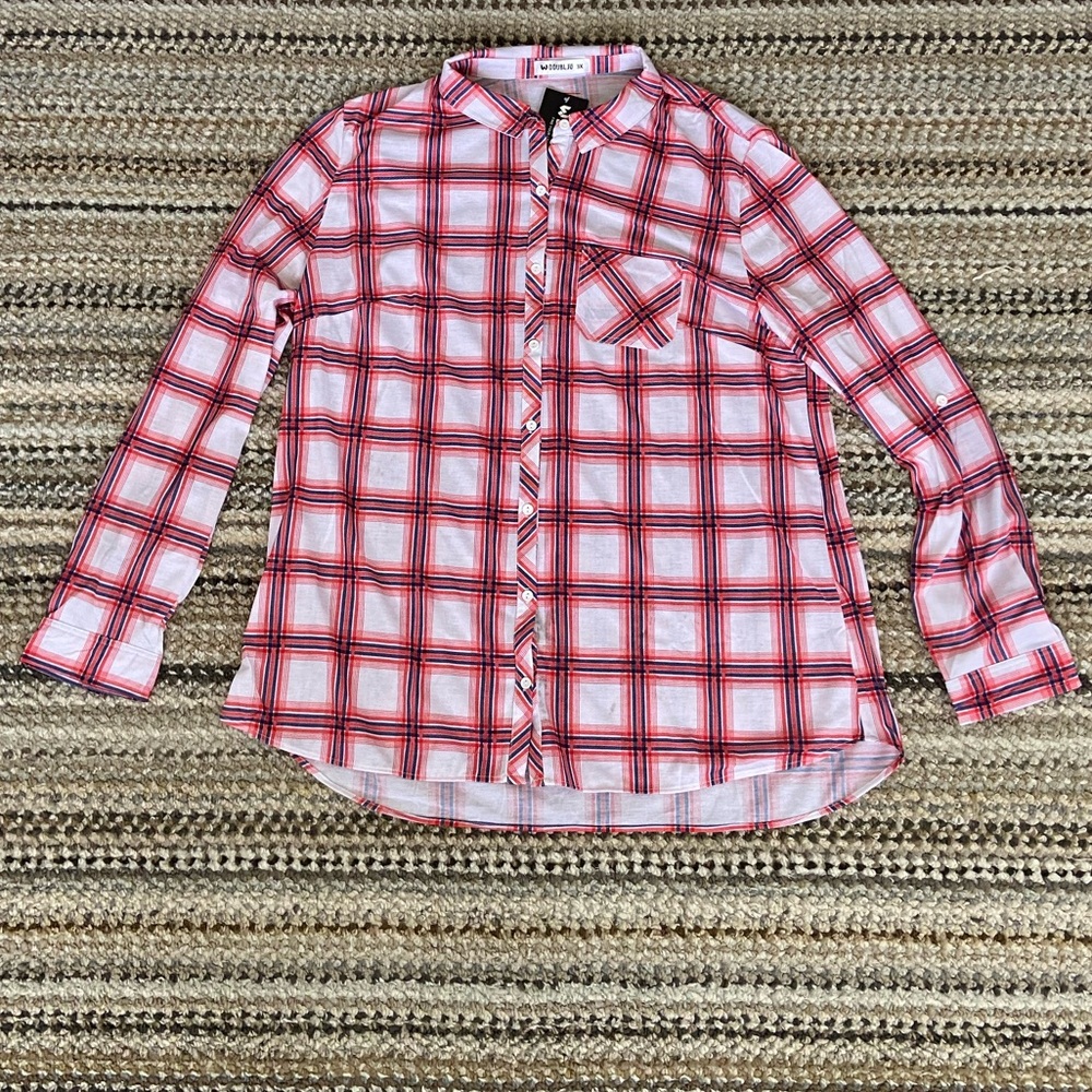 Doublju 3XL Red, White, and Blue Plaid Long Sleeve Shirt